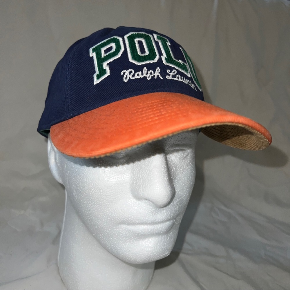 Polo Ralph Lauren Varsity Embroidered Logo Corduroy Leather Strap Blue Hat Cap
